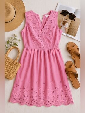 J.Crew Pink Eyelet Sleeveless Dress with Scalloped Hem Size 10 NWT